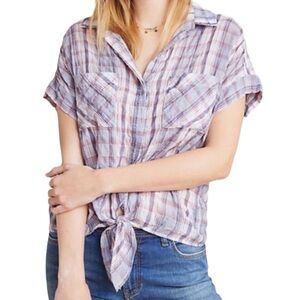 ANTHROPOLOGIE Cloth & Stone Plaid Button Down Chest Pockets Tie Front Top Small
